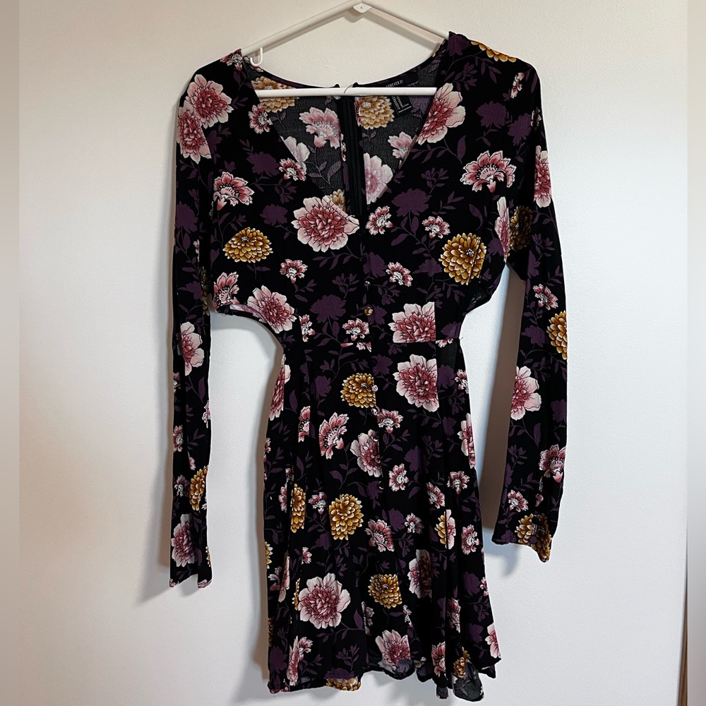Long Sleeved Dark Moody Floral Mum Dress with Buttons Cut Outs - Whimsigoth
